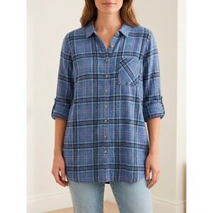 J Jill Shirt Womens L Blue Plaid Long Sleeve Button Up Shirt Long Casual